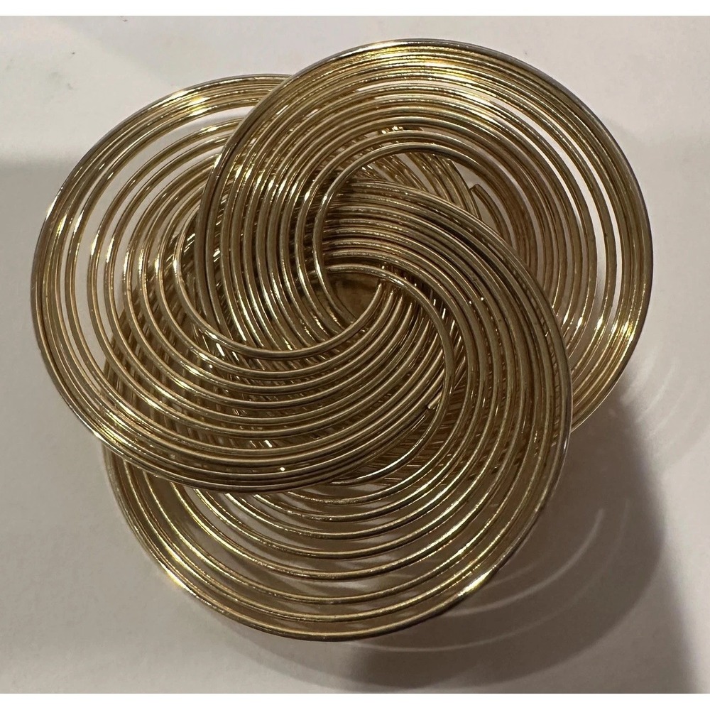 VTG 80s Gold Tone Spiral Coil Circle Brooch Pin Large Modernist Statement Swirl